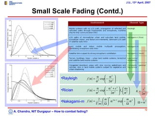 J.U., 13th April, 2007


           Small Scale Fading (Contd.)




                                                         α     α2    
                              •Rayleigh        f ( α ) = 2 exp − 2
                                                               2σ    
                                                                      
                                                        σ            

                                                         α     α2 + s2     αs 
                              •Rician          f ( α ) = 2 exp −
                                                                         I 0  2 
                                                                                       K=
                                                                                            s2
                                                        σ        2σ 2     σ            2σ 2
                                                                m
                                                          2  m  2 m −1     m 
                              •Nakagami-m      f ( α) =          α     exp − α 2      Ω = α2
                                                        Γ( m )  Ω          Ω 
                                                                                                12
A. Chandra, NIT Durgapur – How to combat fading?
 