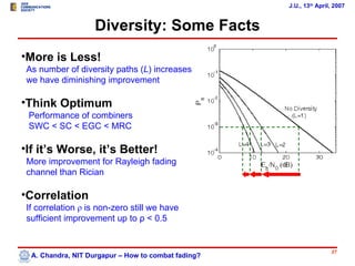 J.U., 13th April, 2007


                    Diversity: Some Facts
•More is Less!
 As number of diversity paths (L) increases
 we have diminishing improvement

•Think Optimum
 Performance of combiners
 SWC < SC < EGC < MRC

•If it’s Worse, it’s Better!
 More improvement for Rayleigh fading
 channel than Rician

•Correlation
 If correlation ρ is non-zero still we have
 sufficient improvement up to ρ < 0.5


                                                                     27
  A. Chandra, NIT Durgapur – How to combat fading?
 
