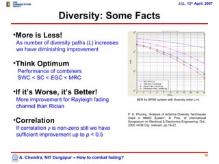 J.U., 13th April, 2007


                    Diversity: Some Facts
•More is Less!
 As number of diversity paths (L) increases
 we have diminishing improvement

•Think Optimum
 Performance of combiners
 SWC < SC < EGC < MRC

•If it’s Worse, it’s Better!
 More improvement for Rayleigh fading                      BER for BPSK system with diversity order L=4

 channel than Rician
                                                     P. H. Phuong, ‘Analysis of Antenna Diversity Techniques

•Correlation                                         Used in MIMO System’, In Proc. of International
                                                     Symposium on Electrical & Electronics Engineering, Oct.,
                                                     2005, HCM City, Vietnam, pp.18-22.
 If correlation ρ is non-zero still we have
 sufficient improvement up to ρ < 0.5


                                                                                                            28
  A. Chandra, NIT Durgapur – How to combat fading?
 