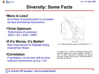 J.U., 13th April, 2007


                    Diversity: Some Facts
•More is Less!
 As number of diversity paths (L) increases
 we have diminishing improvement

•Think Optimum
 Performance of combiners
 SWC < SC < EGC < MRC

•If it’s Worse, it’s Better!
                                                      Pe vs. SNR for selected values of ρ for 8PSK with L = 4
 More improvement for Rayleigh fading
 channel than Rician
                                                     E. Perahia & G. J. Pottie, ‘On Diversity Combining for

•Correlation                                         Correlated Slowly Flat- Fading Rayleigh Channels’, In
                                                     Proc. of IEEE International Conference on Serving
                                                     Humanity Through Communications, SUPERCOMM/ICC,
 If correlation ρ is non-zero still we have          May 1994, pp.342-346

 sufficient improvement up to ρ < 0.5


                                                                                                                29
  A. Chandra, NIT Durgapur – How to combat fading?
 