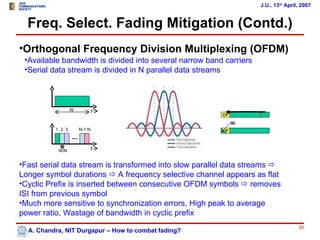 J.U., 13th April, 2007


  Freq. Select. Fading Mitigation (Contd.)
•Orthogonal Frequency Division Multiplexing (OFDM)
 •Available bandwidth is divided into several narrow band carriers
 •Serial data stream is divided in N parallel data streams



                  W           f
                                                         CP

                                                              ISI
          1 2 3       N-1 N                              CP



           W/N                f


•Fast serial data stream is transformed into slow parallel data streams 
Longer symbol durations  A frequency selective channel appears as flat
•Cyclic Prefix is inserted between consecutive OFDM symbols  removes
ISI from previous symbol
•Much more sensitive to synchronization errors, High peak to average
power ratio, Wastage of bandwidth in cyclic prefix
                                                                                     33
  A. Chandra, NIT Durgapur – How to combat fading?
 