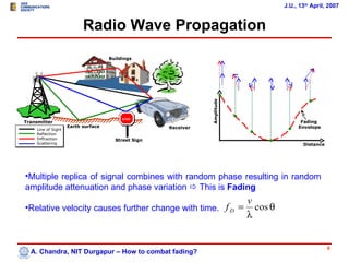 J.U., 13th April, 2007


                          Radio Wave Propagation
                                    Buildings




                                                               Amplitude
                                         STOP
Transmitter                                                                      Fading
                    Earth surface                   Receiver                    Envelope
    Line of Sight
    Reflection
    Diffraction                       Street Sign
    Scattering                                                                    Distance




•Multiple replica of signal combines with random phase resulting in random
amplitude attenuation and phase variation  This is Fading
                                                         v
•Relative velocity causes further change with time. f D = cos θ
                                                         λ


                                                                                             6
  A. Chandra, NIT Durgapur – How to combat fading?
 