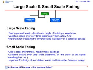 J.U., 13th April, 2007


      Large Scale & Small Scale Fading
                                      Fading



                    Large Scale                 Small Scale
                      Fading                      Fading




•Large Scale Fading
 •Due to general terrain, density and height of buildings, vegetation
 •Variation occurs over very large distances (100m.-a few K.m.)
 •Important for predicting the coverage and availability of a particular service


•Small Scale Fading
 •Due to local environment, nearby trees, buildings
 •Variation occurs over very short distances, on the order of the signal
 wavelength (<1 m.)
 •Important for design of modulation format and transmitter / receiver design

                                                                                       9
 A. Chandra, NIT Durgapur – How to combat fading?
 