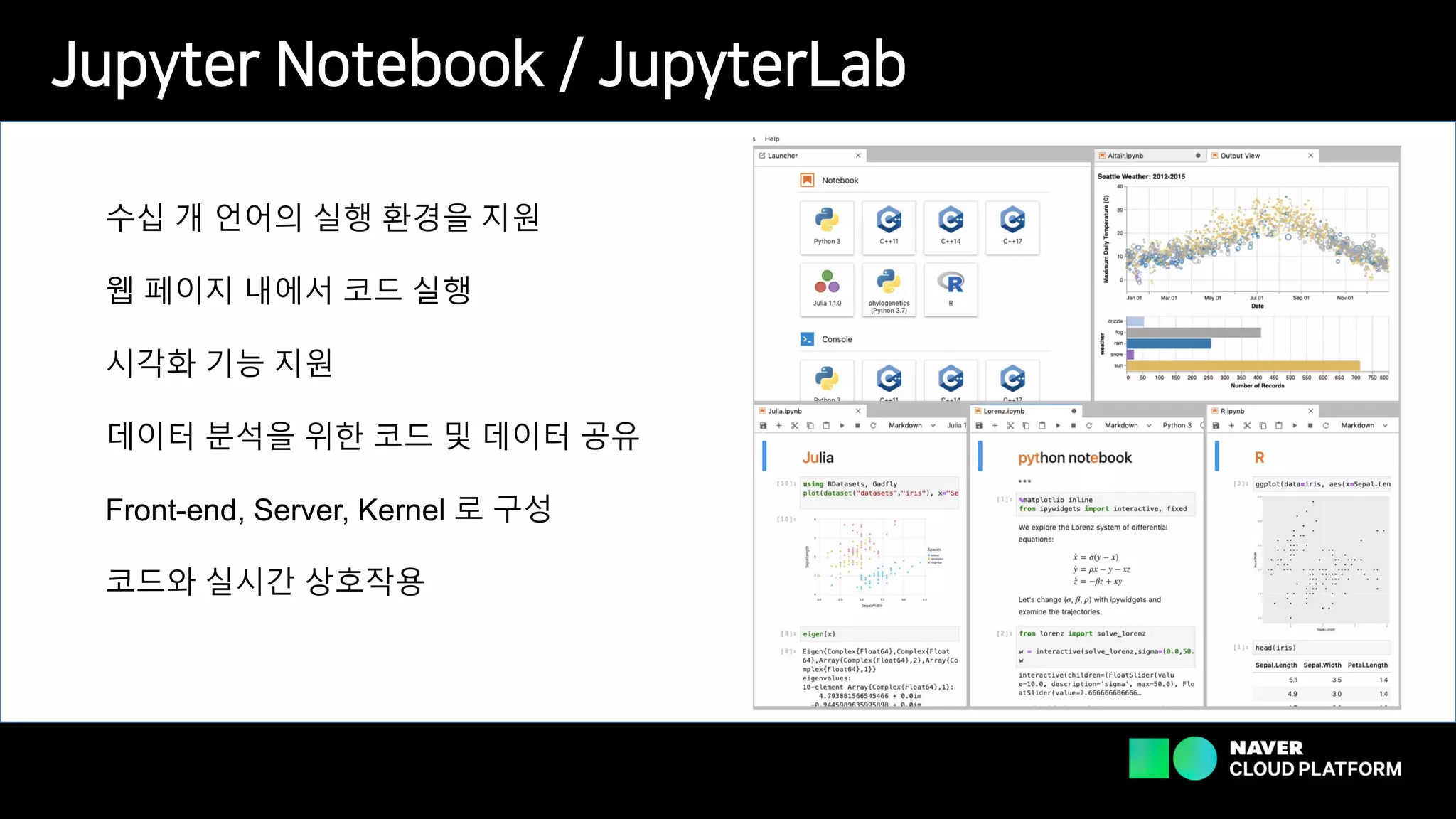 Jupyter Notebook / JupyterLab
수십 개 언어의 실행 환경을 지원
웹 페이지 내에서 코드 실행
시각화 기능 지원
데이터 분석을 위한 코드 및 데이터 공유
Front-end, Server, Kernel 로 구성
코드와 실시간 상호작용
 