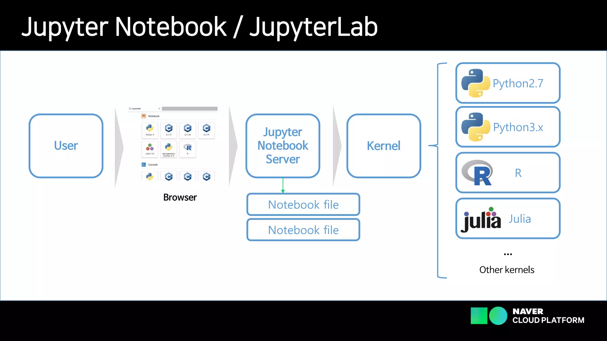 Jupyter Notebook / JupyterLab
User
Jupyter
Notebook
Server
Kernel
Python2.7
Python3.x
R
Julia
Other kernels
…
Browser
Notebook file
Notebook file
 