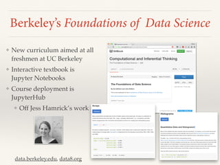 Berkeley’s Foundations of Data Science
❖ New curriculum aimed at all
freshmen at UC Berkeley
❖ Interactive textbook is
Jupyter Notebooks
❖ Course deployment is
JupyterHub
❖ Off Jess Hamrick’s work
data.berkeley.edu, data8.org
 