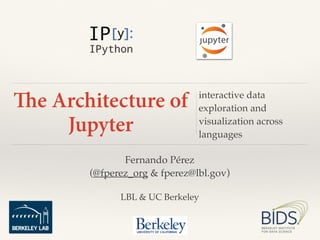Fernando Pérez
(@fperez_org & fperez@lbl.gov)
LBL & UC Berkeley
interactive data
exploration and
visualization across
languages
The Architecture of
Jupyter
 