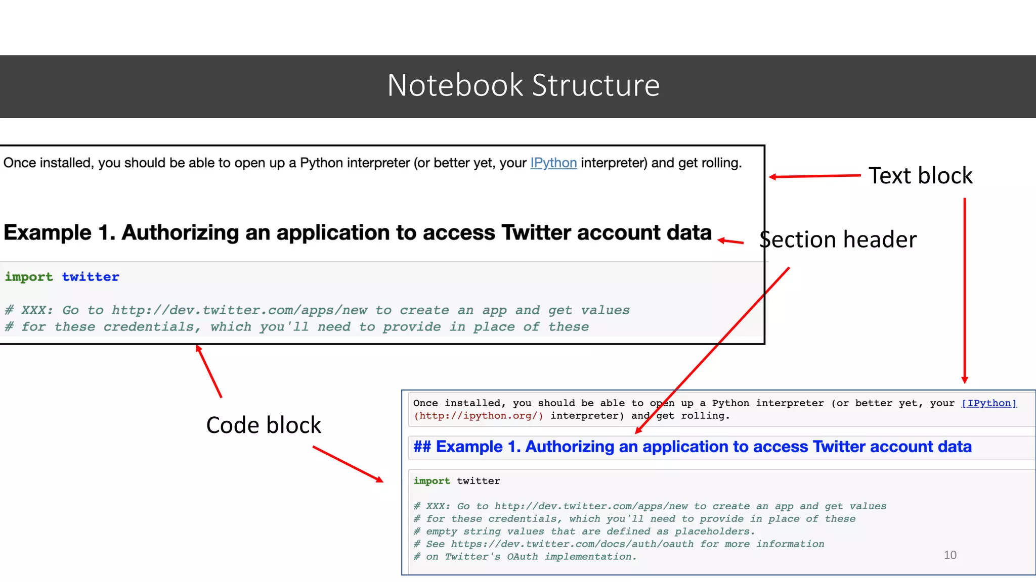 Notebook Structure
10
Text block
Code block
Section header
 
