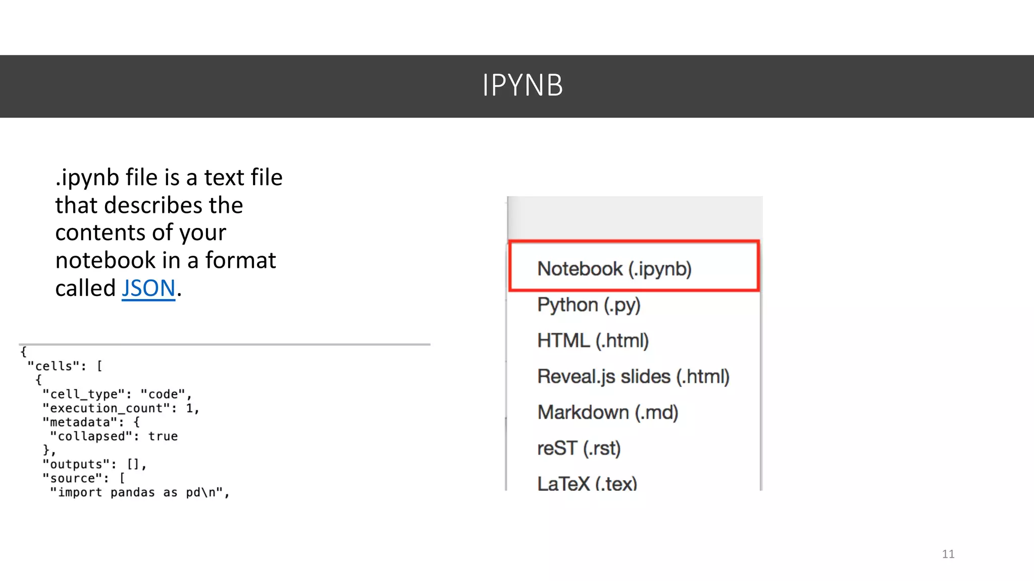 IPYNB
11
.ipynb file is a text file
that describes the
contents of your
notebook in a format
called JSON.
 