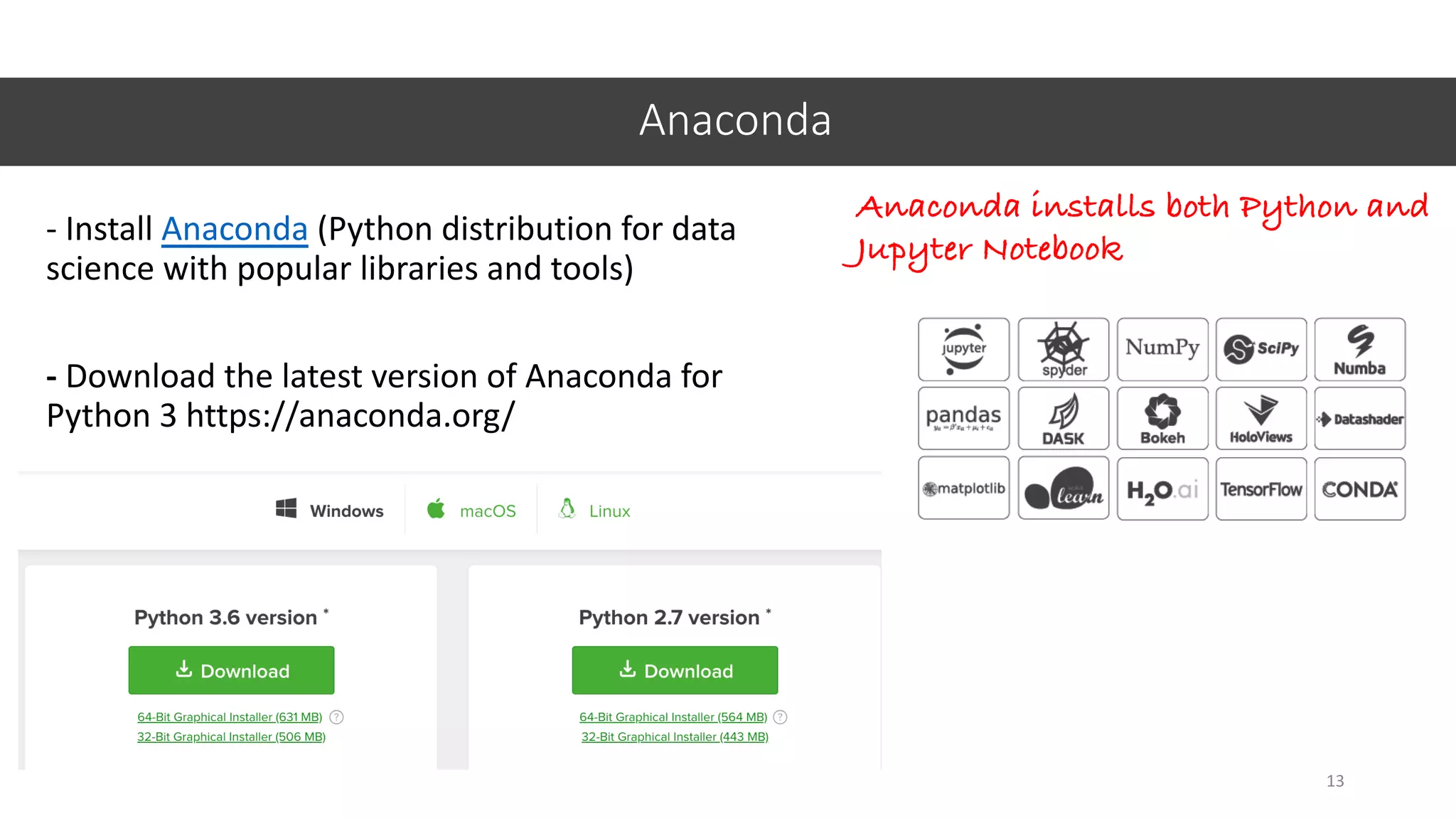 Anaconda
13
- Install Anaconda (Python distribution for data
science with popular libraries and tools)
- Download the latest version of Anaconda for
Python 3 https://anaconda.org/
Anaconda installs both Python and
Jupyter Notebook
 