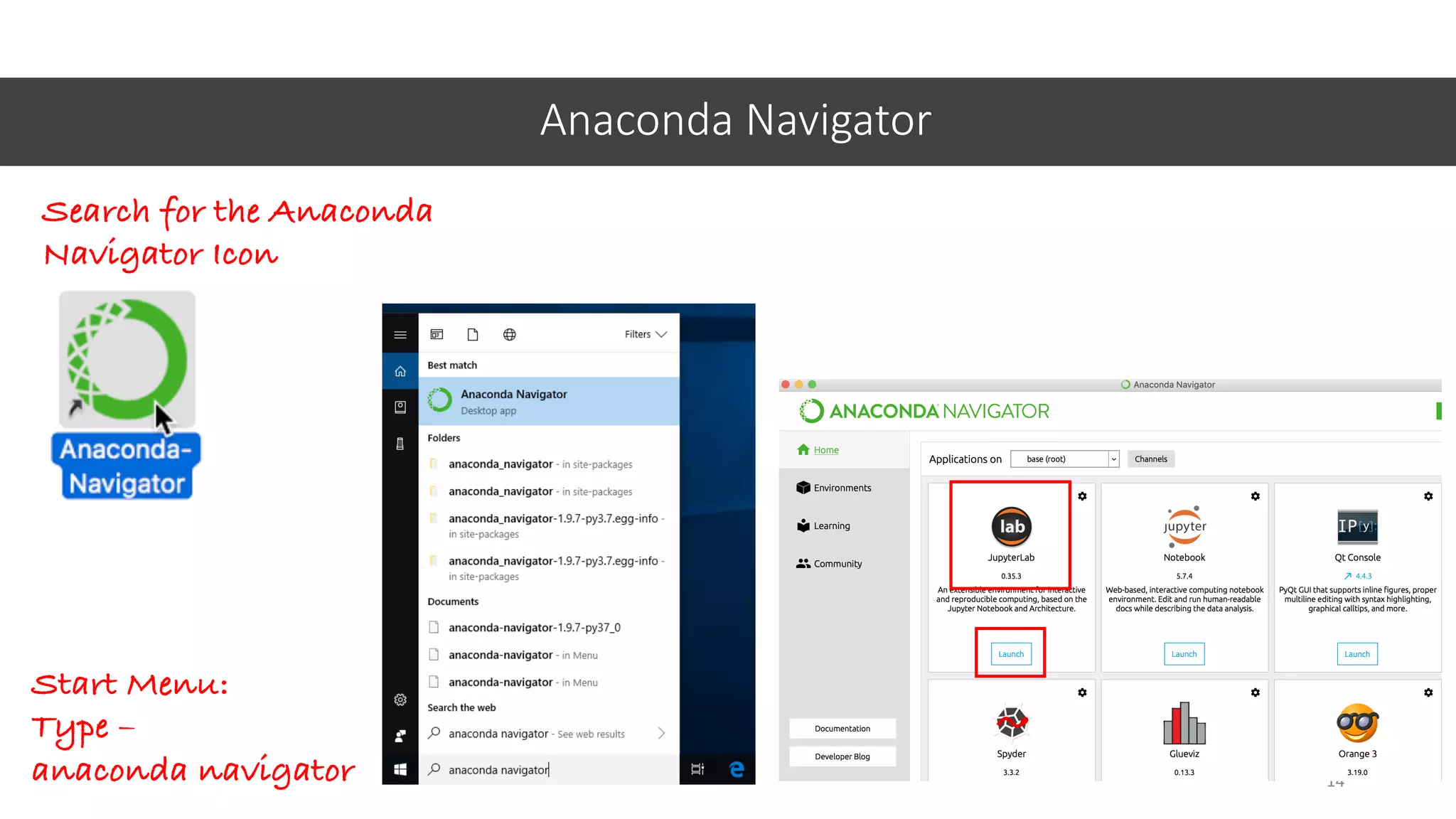 Anaconda Navigator
14
Search for the Anaconda
Navigator Icon
Start Menu:
Type –
anaconda navigator
 