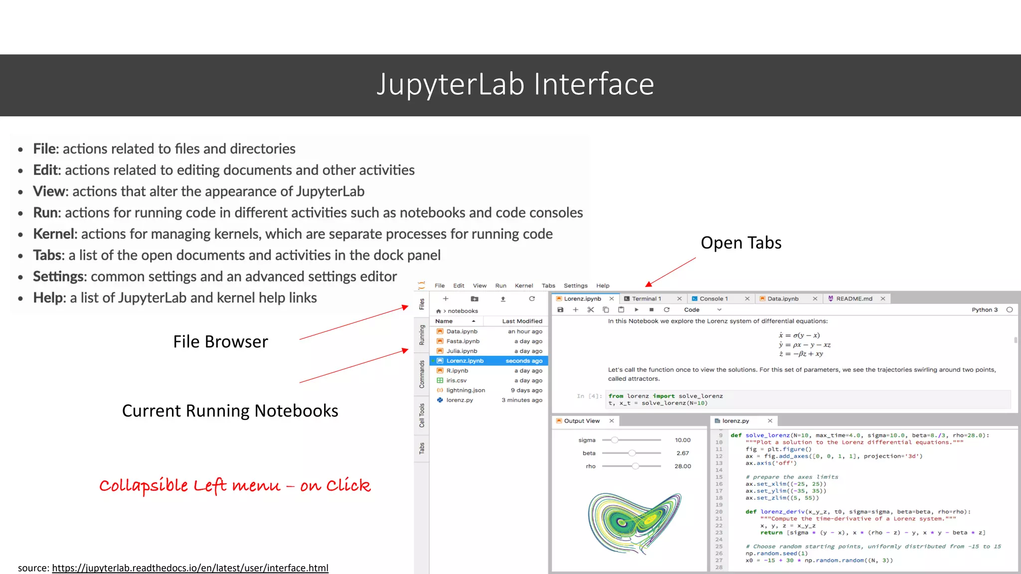 JupyterLab Interface
15
source: https://jupyterlab.readthedocs.io/en/latest/user/interface.html
File Browser
Current Running Notebooks
Open Tabs
Collapsible Left menu – on Click
 