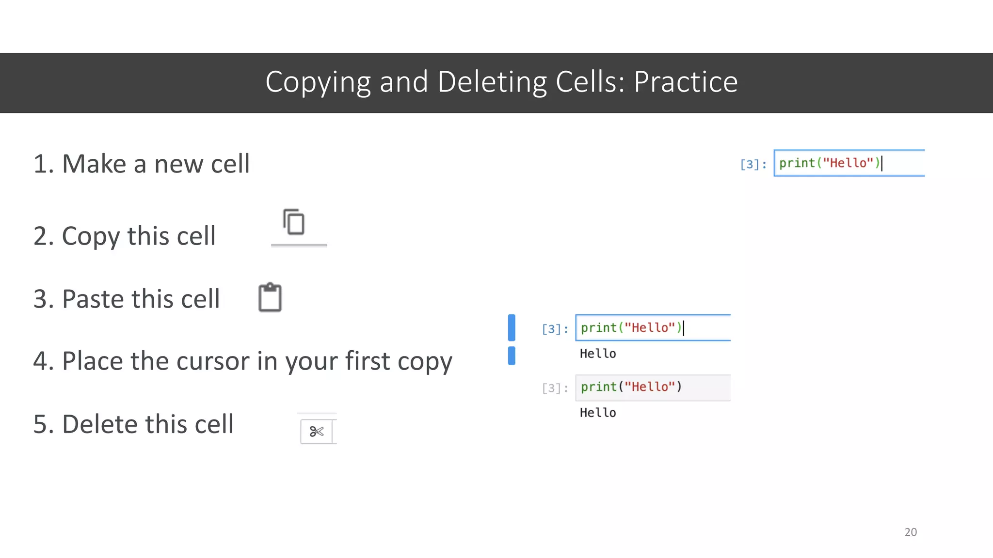 Copying and Deleting Cells: Practice
20
1. Make a new cell
2. Copy this cell
3. Paste this cell
4. Place the cursor in your first copy
5. Delete this cell
 