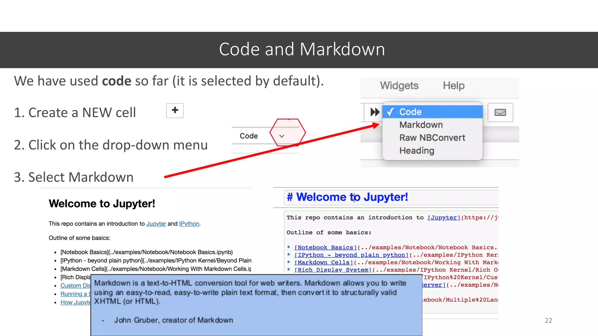 Code and Markdown
22
We have used code so far (it is selected by default).
1. Create a NEW cell
2. Click on the drop-down menu
3. Select Markdown
 
