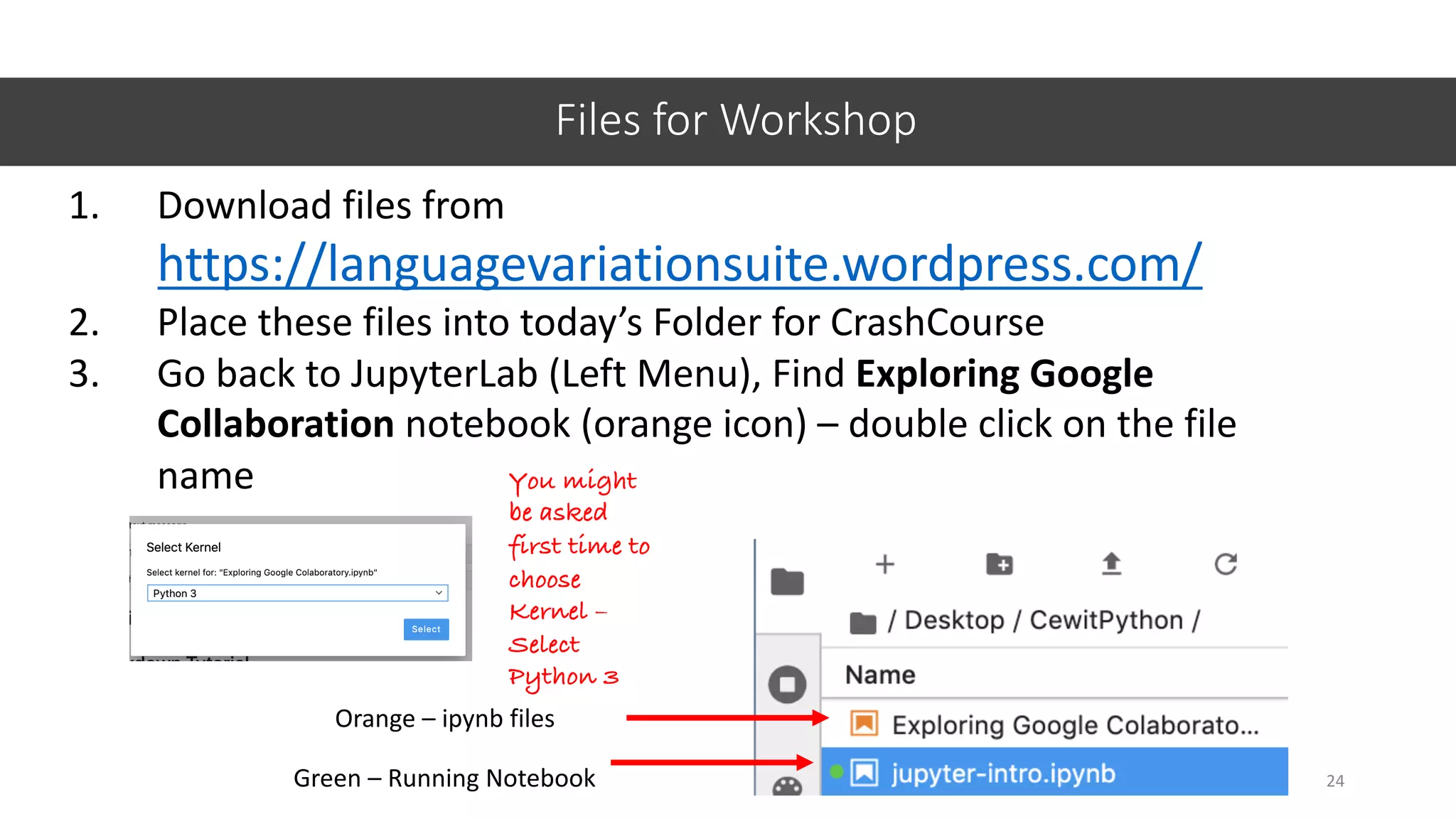 Files for Workshop
1. Download files from
https://languagevariationsuite.wordpress.com/
2. Place these files into today’s Folder for CrashCourse
3. Go back to JupyterLab (Left Menu), Find Exploring Google
Collaboration notebook (orange icon) – double click on the file
name
24Green – Running Notebook
Orange – ipynb files
You might
be asked
first time to
choose
Kernel –
Select
Python 3
 