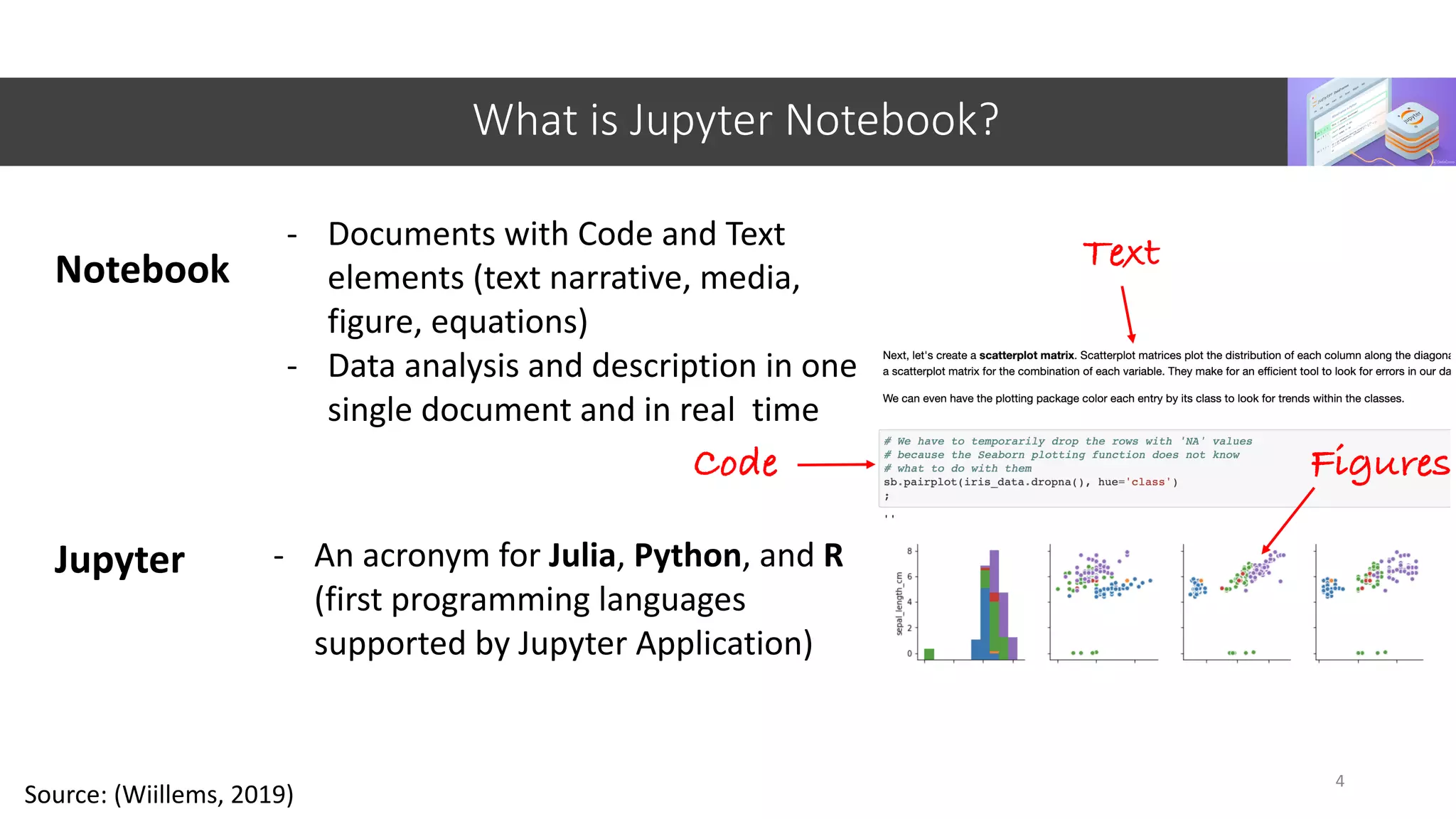 What is Jupyter Notebook?
Notebook
4
Source: (Wiillems, 2019)
Jupyter
- Documents with Code and Text
elements (text narrative, media,
figure, equations)
- Data analysis and description in one
single document and in real time
- An acronym for Julia, Python, and R
(first programming languages
supported by Jupyter Application)
Text
Code Figures
 