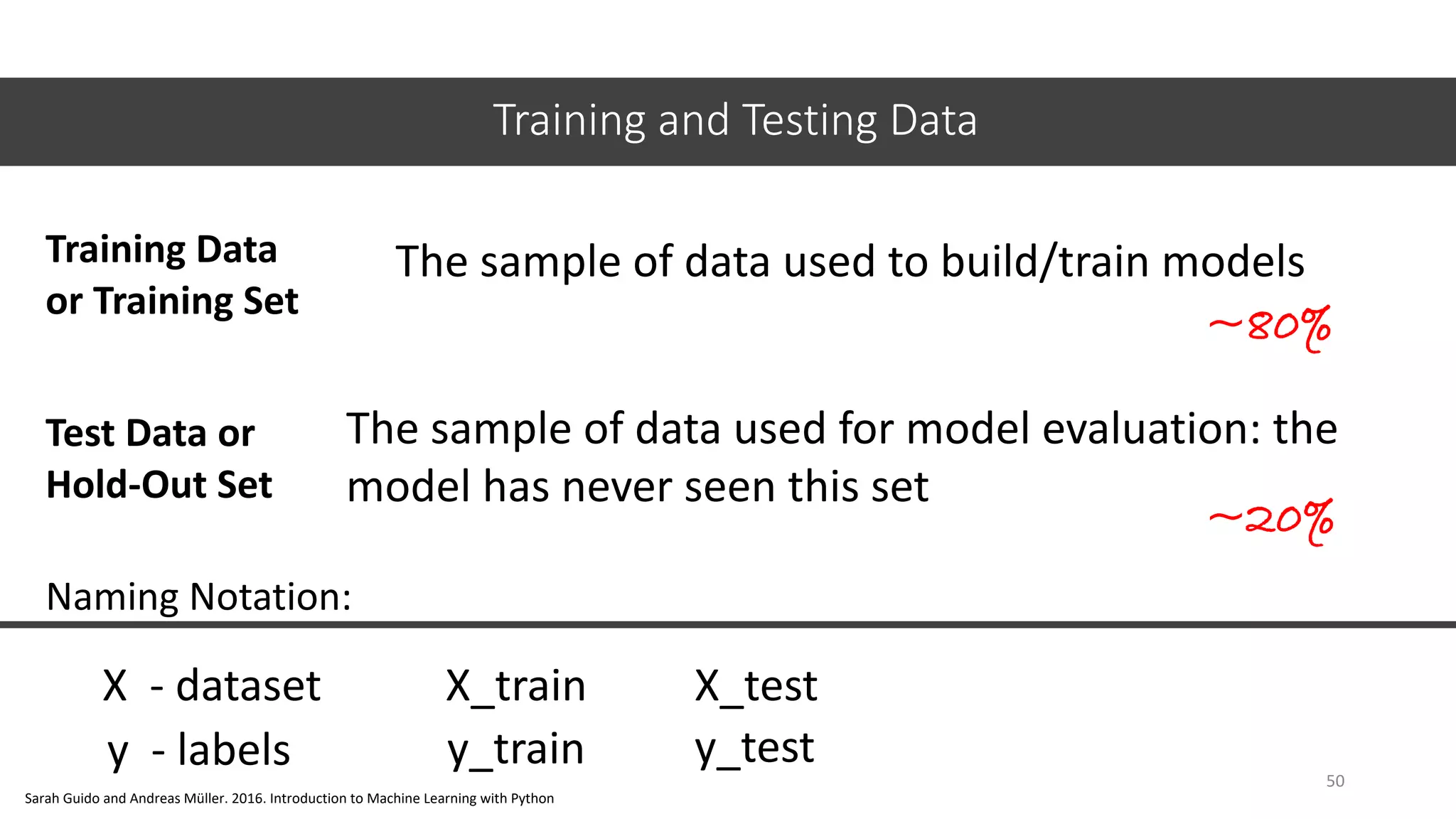 Training and Testing Data
50
The sample of data used for model evaluation: the
model has never seen this set
Test Data or
Hold-Out Set
Training Data
or Training Set
The sample of data used to build/train models
~80%
~20%
Naming Notation:
X - dataset
y - labels
X_train X_test
y_train y_test
Sarah Guido and Andreas Müller. 2016. Introduction to Machine Learning with Python
 