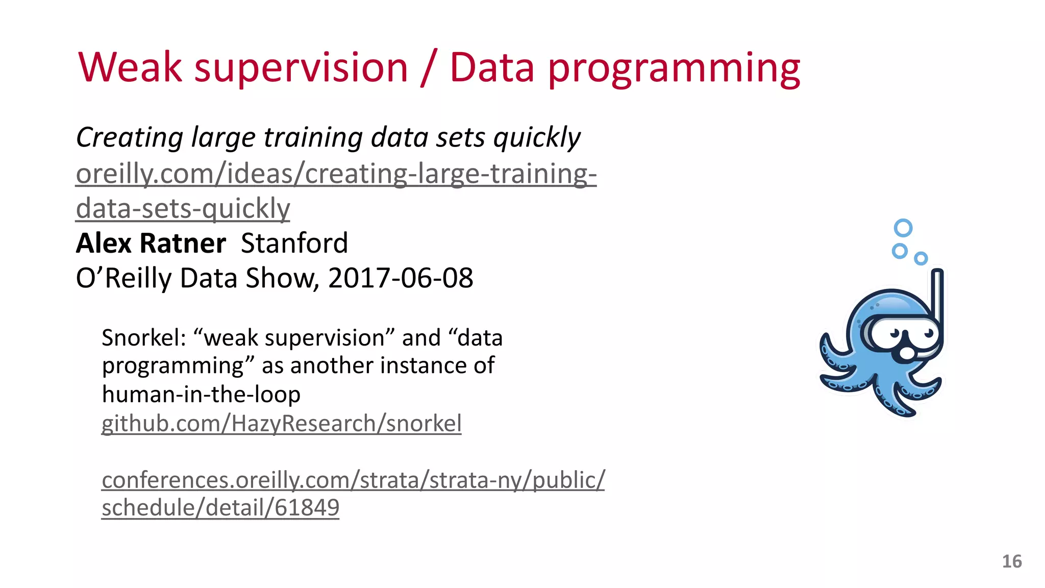Weak	
  supervision	
  /	
  Data	
  programming
Creating	
  large	
  training	
  data	
  sets	
  quickly 
oreilly.com/ideas/creating-­‐large-­‐training-­‐
data-­‐sets-­‐quickly 
Alex	
  Ratner	
  	
  Stanford 
O’Reilly	
  Data	
  Show,	
  2017-­‐06-­‐08	
  
Snorkel:	
  “weak	
  supervision”	
  and	
  “data	
  
programming”	
  as	
  another	
  instance	
  of	
   
human-­‐in-­‐the-­‐loop 
github.com/HazyResearch/snorkel	
  
conferences.oreilly.com/strata/strata-­‐ny/public/
schedule/detail/61849
16
 