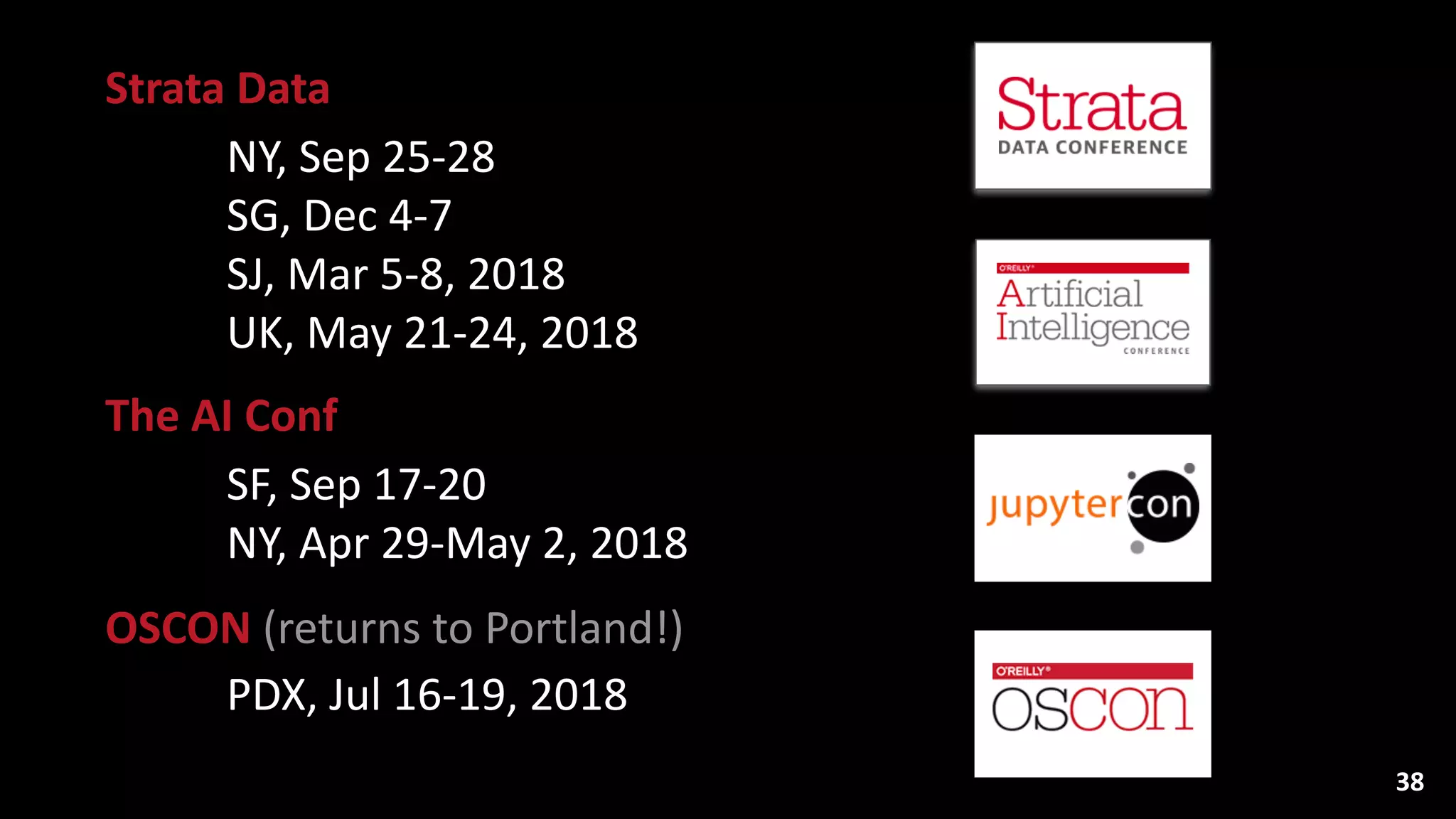 Strata	
  Data	
  
NY,	
  Sep	
  25-­‐28 
SG,	
  Dec	
  4-­‐7 
SJ,	
  Mar	
  5-­‐8,	
  2018 
UK,	
  May	
  21-­‐24,	
  2018	
  
The	
  AI	
  Conf	
  
SF,	
  Sep	
  17-­‐20 
NY,	
  Apr	
  29-­‐May	
  2,	
  2018	
  
OSCON	
  (returns	
  to	
  Portland!)	
  
PDX,	
  Jul	
  16-­‐19,	
  2018
38
 