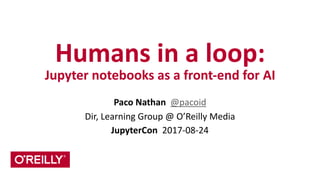 Humans	
  in	
  a	
  loop:	
  
Jupyter	
  notebooks	
  as	
  a	
  front-­‐end	
  for	
  AI
Paco	
  Nathan	
  	
  @pacoid	
  
Dir,	
  Learning	
  Group	
  @	
  O’Reilly	
  Media	
  
JupyterCon	
  	
  2017-­‐08-­‐24
 