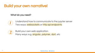 17 Natalino Busa - @natbusa
Build your own narrative!
What do you need?
Understand how to communicate to the jupyter server
Two ways: websockets or http api endpoints
Build your own web application
Many ways: e.g. angular, polymer, dart, etc
1
2
 