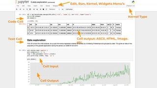 9 Natalino Busa - @natbusa
Text Cell
Code Cell
Cell Input
Cell Output
Edit, Run, Kernel, Widgets Menu’s
Kernel Type
Cell output: ASCII, HTML, Image.
etc
 