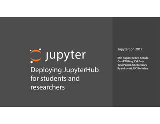  
Deploying JupyterHub
for students and
researchers
Min Ragan-Kelley, Simula
Carol Willing, Cal Poly
Yuvi Panda, UC Berkeley
Ryan Lovett, UC Berkeley
JupyterCon 2017
 