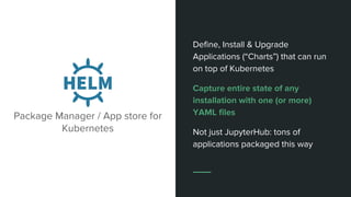 Define, Install & Upgrade
Applications (“Charts”) that can run
on top of Kubernetes
Capture entire state of any
installation with one (or more)
YAML files
Not just JupyterHub: tons of
applications packaged this way
Package Manager / App store for
Kubernetes
 
