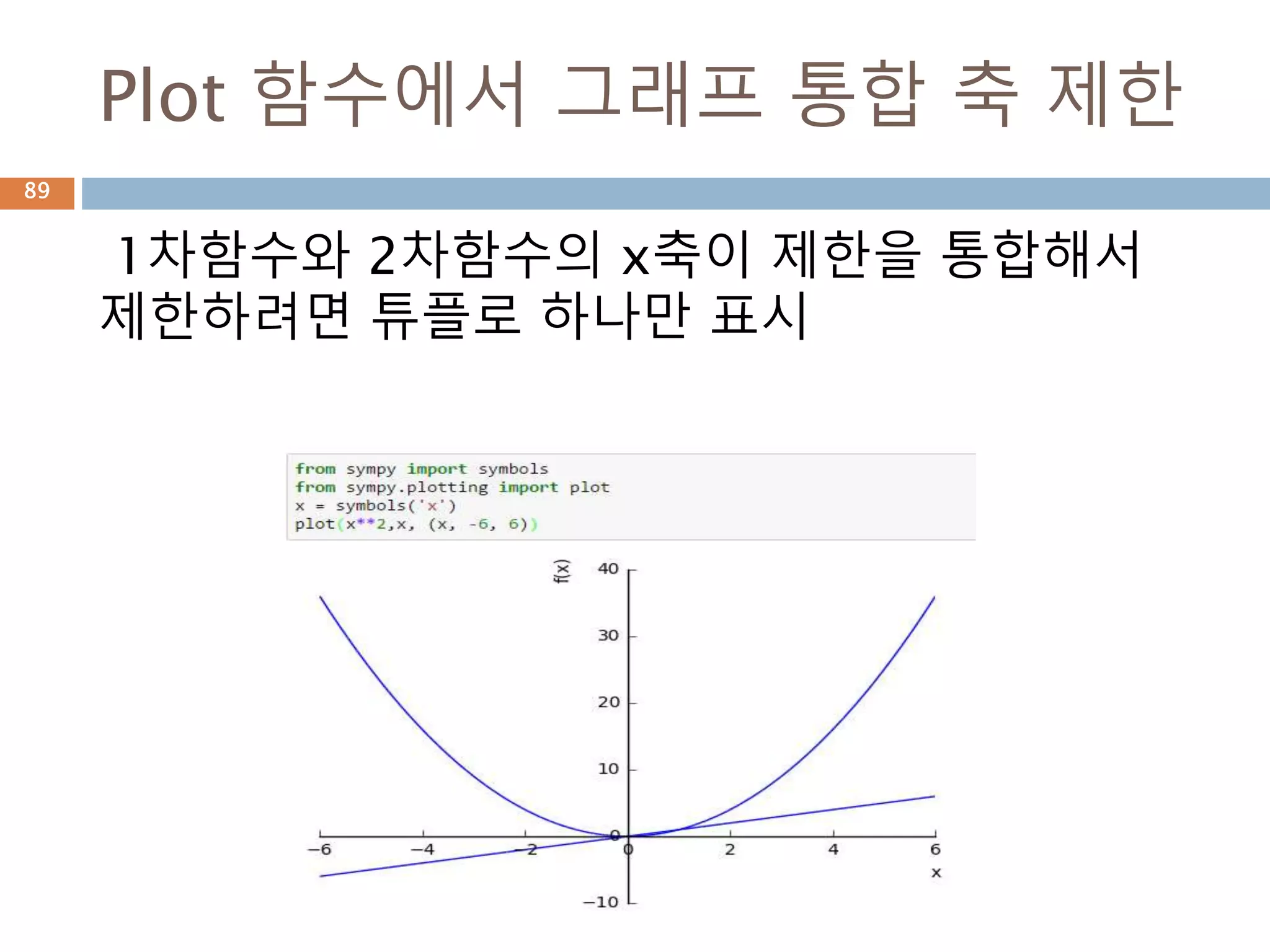 Sympify 처리 에러
문자열로 작성시 파이썬 산식에 맞아야 한다. 산
식 2x는 파이썬 표현으로는 2*x 이므로 오류 발
생함
89
 