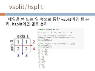 vsplit/hsplit
배열을 행 또는 열 축으로 통합 vsplit이면 행 분
리, hsplit이면 열로 분리
 
