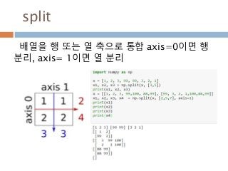 split
배열을 행 또는 열 축으로 통합 axis=0이면 행
분리, axis= 1이면 열 분리
 