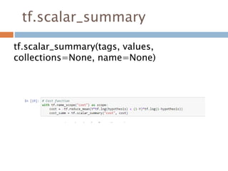 Tensorboard 처리 순서
아래의 참고문서를 보고 처리한 결과
참고문서 : http://goodtogreate.tistory.com/entry/Tensor-Board
1. From TF graph, decide which node you want to annotate
- tf.name_scope()
- tf.histogram(), tf.scalar_summary ()
2. Merge all summaries
- merged = tf.merge_all_summaries()
3. Create Writer
- writer = tf.train.SimmaryWriter(“log-file”, sess.graph_def)
4. Run summary merge and add_summary
- summary = sess.run(merged,…), writer.add_summary(summary)
5. Launch Tesorboard
- tensorboard --logdir=“log-file”
6. Start browser
- http://192.168.99.100:6006/
 