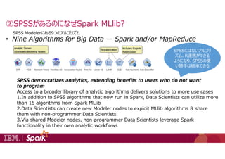 • Nine Algorithms for Big Data — Spark and/or MapReduce
②SPSSがあるのになぜSpark MLlib?
SPSS democratizes analytics, extending be...