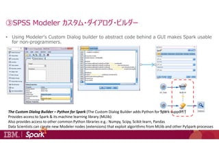 • Using Modeler's Custom Dialog builder to abstract code behind a GUI makes Spark usable
for non-programmers.
③SPSS Modele...