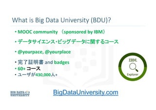• MOOC community （sponsored by IBM）
• データサイエンス・ビッグデータに関するコース
• @yourpace, @yourplace
• 完了証明書 and badges
• 60+ コース
• ユーザが43...