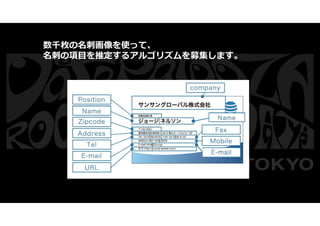 © 2016 IBM Corporation46
数千枚の名刺画像を使って、
名刺の項目を推定するアルゴリズムを募集します。
 