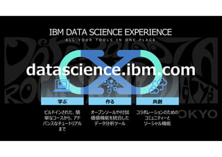 © 2016 IBM Corporation47
ビルドインされた、簡
単なコースから、アド
バンスなチュートリアル
まで
学ぶ
オープンソールや付加
価値機能を統合した
データ分析ツール
作る
コラボレーションのための
コミュニティーと
ソー...