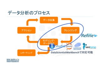 データ分析のプロセス
データ収集
クレンジング
モデリング・
データ加工
アクション
レポーティング DataScientistWorkbenchで対応可能
 