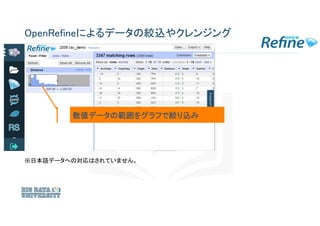 OpenRefineによるデータの絞込やクレンジング
数値データの範囲をグラフで絞り込み
※日本語データへの対応はされていません。
 