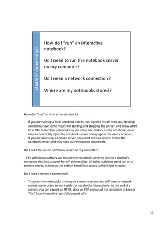 How	do	I	“run”	an	interac3ve	notebook?	
	
-  If	you	are	running	a	local	notebook	server,	you	need	to	install	it	on	your	desktop	
somehow,	have	some	means	for	star3ng	and	stopping	the	server,	and	know	what	
local	URL	to	ﬁnd	the	notebooks	on.	(In	some	circumstances	the	notebook	server	
may	automa3cally	open	the	notebook	server	homepage	in	the	user’s	browser).	
-  If	you	are	accessing	a	remote	server,	you	need	to	know	where	to	ﬁnd	the	
notebook	server	and	may	need	authen3ca3on	creden3als.	
	
Do	I	need	to	run	the	notebook	server	on	my	computer?	
	
-	The	wiﬁ	lookup	ac3vity	will	require	the	notebook	server	to	run	on	a	student’s	
computer	that	has	support	for	wiﬁ	connec3vity.	All	other	ac3vi3es	could	run	on	a	
remote	server,	as	long	as	the	python	kernel	has	access	to	the	wider	internet.	
	
Do	I	need	a	network	connec3on?	
	
-  To	access	the	notebooks	running	on	a	remote	server,	you	will	need	a	network	
connec3on	in	order	to	work	with	the	notebooks	interac3vely,	At	the	end	of	a	
session,	you	can	export	an	HTML,	docx	or	PDF	version	of	the	notebook	to	keep	a	
“ﬂat”	(non-interac3ve)	porwolio	record	of	it.	
17	
 