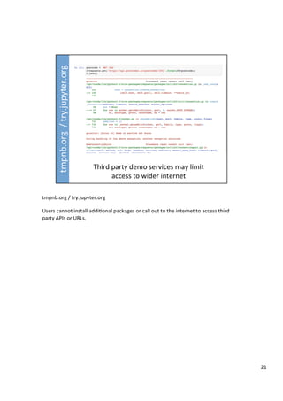 tmpnb.org	/	try.jupyter.org		
	
Users	cannot	install	addi3onal	packages	or	call	out	to	the	internet	to	access	third	
party	APIs	or	URLs.	
	
21	
 