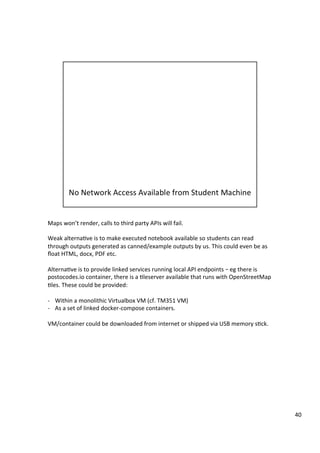 Maps	won’t	render,	calls	to	third	party	APIs	will	fail.	
	
Weak	alterna3ve	is	to	make	executed	notebook	available	so	students	can	read	
through	outputs	generated	as	canned/example	outputs	by	us.	This	could	even	be	as	
ﬂoat	HTML,	docx,	PDF	etc.	
	
Alterna3ve	is	to	provide	linked	services	running	local	API	endpoints	– eg	there	is	
postocodes.io	container,	there	is	a	3leserver	available	that	runs	with	OpenStreetMap	
3les.	These	could	be	provided:	
	
-  Within	a	monolithic	Virtualbox	VM	(cf.	TM351	VM)	
-  As	a	set	of	linked	docker-compose	containers.	
	
VM/container	could	be	downloaded	from	internet	or	shipped	via	USB	memory	s3ck.	
40	
 