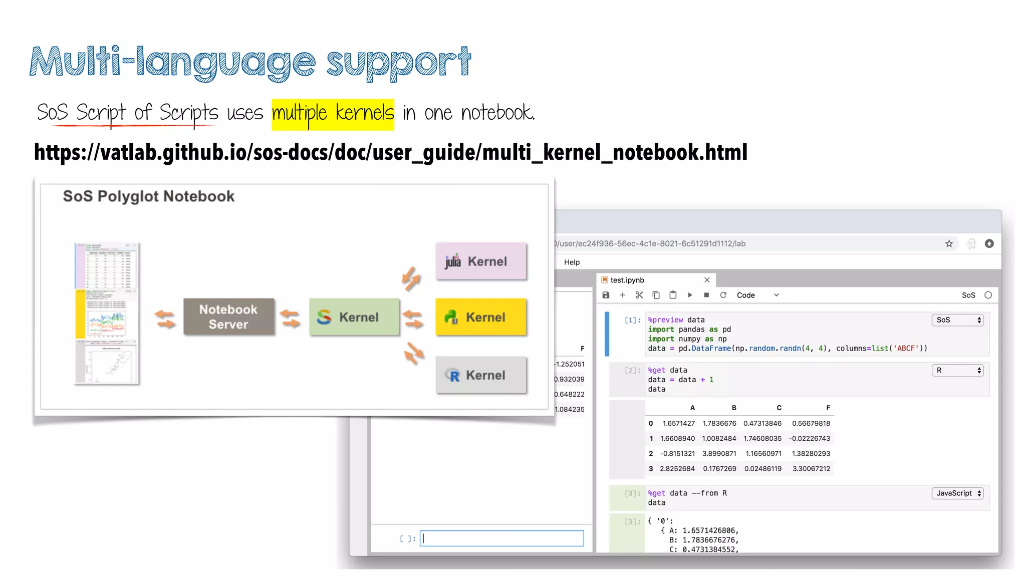 Multi-language support
SoS Script of Scripts uses multiple kernels in one notebook.
https://vatlab.github.io/sos-docs/doc/user_guide/multi_kernel_notebook.html
 