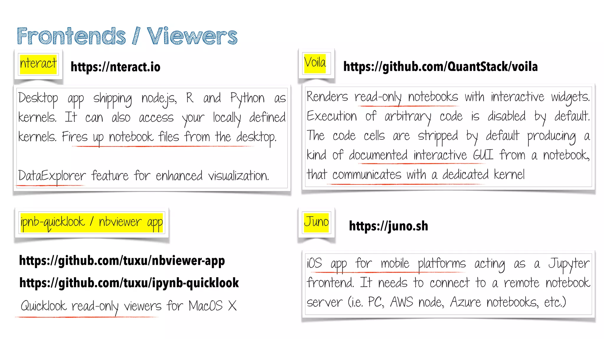 nteract
Junoipnb-quicklook / nbviewer app
Voila
Frontends / Viewers
https://nteract.io https://github.com/QuantStack/voila
https://juno.sh
https://github.com/tuxu/nbviewer-app
https://github.com/tuxu/ipynb-quicklook
Desktop app shipping node.js, R and Python as
kernels. It can also access your locally defined
kernels. Fires up notebook files from the desktop.
DataExplorer feature for enhanced visualization.
Renders read-only notebooks with interactive widgets.
Execution of arbitrary code is disabled by default.
The code cells are stripped by default producing a
kind of documented interactive GUI from a notebook,
that communicates with a dedicated kernel
iOS app for mobile platforms acting as a Jupyter
frontend. It needs to connect to a remote notebook
server (i.e. PC, AWS node, Azure notebooks, etc.)Quicklook read-only viewers for MacOS X
 