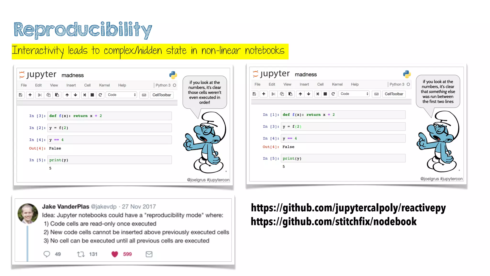 Interactivity leads to complex/hidden state in non-linear notebooks
Reproducibility
https://github.com/jupytercalpoly/reactivepy
https://github.com/stitchﬁx/nodebook
 