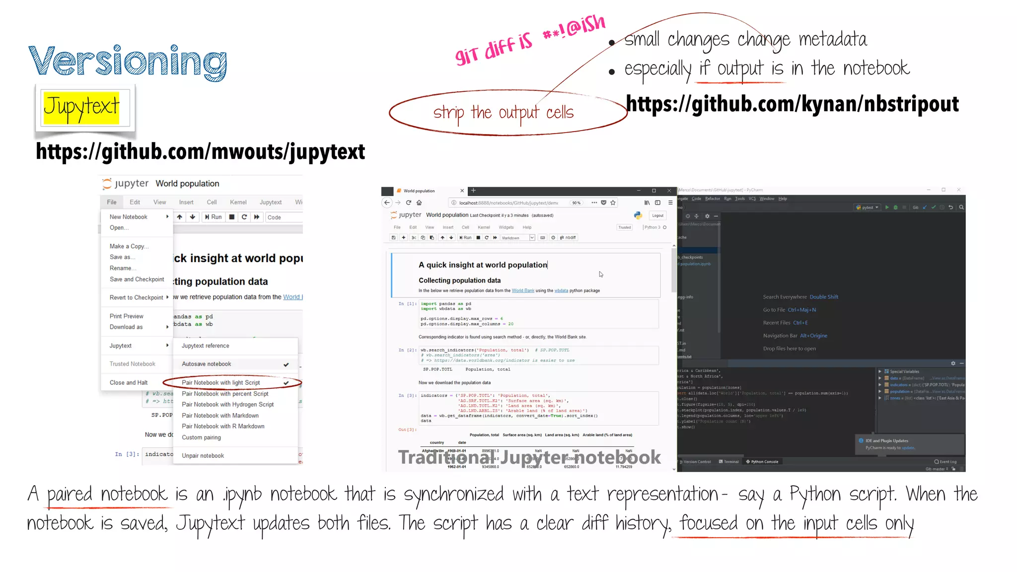Jupytext
Versioning
https://github.com/mwouts/jupytext
• small changes change metadata
• especially if output is in the notebook
https://github.com/kynan/nbstripoutstrip the output cells
A paired notebook is an .ipynb notebook that is synchronized with a text representation —  say a Python script. When the
notebook is saved, Jupytext updates both files. The script has a clear diff history, focused on the input cells only
git diff is #*!@ish
 