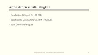 Arten der Geschäftsfähigkeit
- Geschäftsunfähigkeit (§ 104 BGB)
- Beschränkte Geschäftsfähigkeit (§ 106 BGB)
- Volle Geschäftsfähigkeit
Copyright: Dipl.-Hdl. Ilona Riesen | IloRi Translations 16
 
