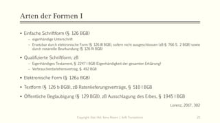Arten der Formen I
 Einfache Schriftform (§ 126 BGB)
 eigenhändige Unterschrift
 Ersetzbar durch elektronische Form (§ 126 III BGB), sofern nicht ausgeschlossen (zB § 766 S. 2 BGB) sowie
durch notarielle Beurkundung (§ 126 IV BGB)
 Qualifizierte Schriftform, zB
 Eigenhändiges Testament, § 2247 I BGB (Eigenhändigkeit der gesamten Erklärung)
 Verbraucherdarlehensvertrag, § 492 BGB
 Elektronische Form (§ 126a BGB)
 Textform (§ 126 b BGB), zB Ratenlieferungsverträge, § 510 I BGB
 Öffentliche Beglaubigung (§ 129 BGB), zB Ausschlagung des Erbes, § 1945 I BGB
Lorenz, 2017, 302
Copyright: Dipl.-Hdl. Ilona Riesen | IloRi Translations 25
 