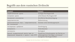 Begriffe aus dem russischen Zivilrecht
Russisch Deutsch
недействительная сделка nichtiges Rechtsgeschäft
оспоримая сделка anfechtbares Rechtsgeschäft
письменное уполномочие Schriftliche Bevollmächtigung
представительство Stellvertretung
неуполномоченное лицо / представительство
без полномочий
Vertreter ohne Vertretungsmacht
последующее одобрение Genehmigung
оспоримость Anfechtbarkeit
ничтожность Nichtigkeit
Единый государственный реестр прав на
недвижимое имущество и сделок с ним, ЕГРП
Staatliches Einheitsregister der Rechte an
unbeweglichem Vermögen und darauf
bezogenen Rechtsgeschäften
Copyright: Dipl.-Hdl. Ilona Riesen | IloRi Translations 37
 