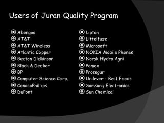 Users of Juran Quality Program Abengoa  AT&T  AT&T Wireless  Atlantic Copper  Becton Dickinson  Black & Decker  BP  Computer Science Corp.  ConocoPhillips  DuPont  Lipton  Littelfuse  Microsoft  NOKIA Mobile Phones  Norsk Hydro Agri  Pemex  Prosegur Unilever - Best Foods Samsung Electronics  Sun Chemical  